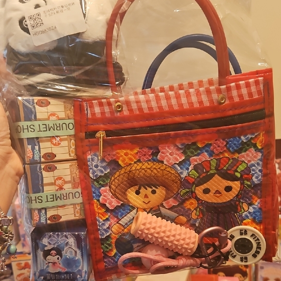 Accessories - Kids Red Patterned Tote Bag with Folk Doll Design